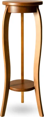 A wooden plant stand with a round top and bottom shelf, supported by curved legs and a central pole.