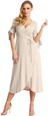 Produktbild von Kleid 3/4 Arm Abendkleid mit V-Ausschnitt Cocktailkleid lang,  Beige L/XL