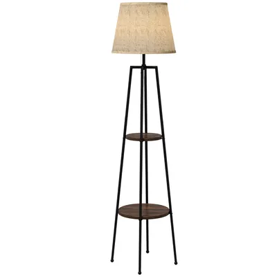 A floor lamp with two shelves against a white background.