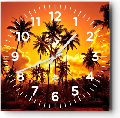 Produktbild von Wanduhr - Quadrat - Glasuhr - Palmen Bäume Sonne - 40x40cm - Schleichendes Uhrwerk - Lautlos - zum Aufhängen bereit - Dekoration Modern - Wanddekoration aus Glas - C4AC40x40-0187