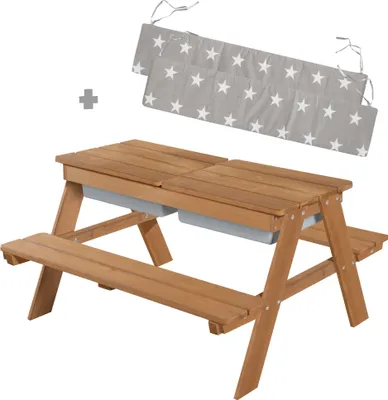 Produktbild von roba dětská sedací souprava Outdoor+ s hracími vanami a sedacími polštáři, odolná proti povětrnostním vlivům, masivní dřevo, blátivý stůl