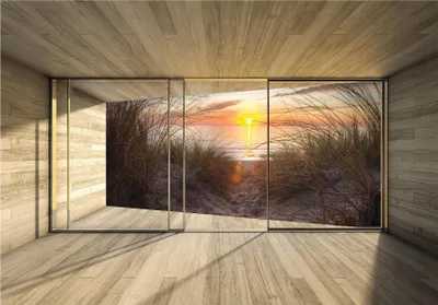 Obrázek produktu pro Netkaná fototapeta okno 3D efekt pláž moře příroda duny (368x254 cm - včetně pasty) obývací pokoj ložnice moderní designová tapeta XXL tapeta netkaná tapeta odolná proti UV záření připravená k montáži