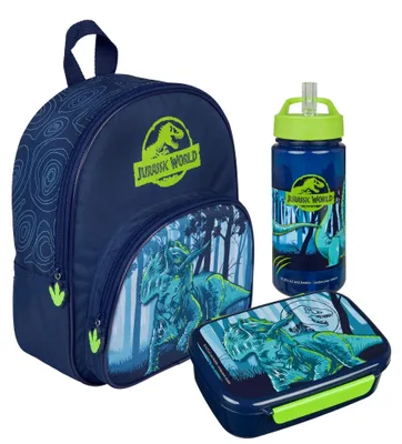 Produktbild von Jurassic World Dino Kindergarten-Set 3-teilig, Kinderrucksack, Brotdose & Trinkflasche für Jugnen, Kita Vorschule Dino Blau