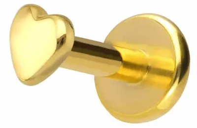 Produktbild von Ohrpiercing, Nasenpiercing Titan Labret mit Innengewinde + 925er Silber Aufsatz HERZ Gold Stablänge: 6mm | Stabstärke: 1,2mm