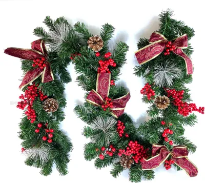 Image de Guirlande de Noël de 2,7 m – guirlande de sapin en PVC souple avec nœud, pour décorer les escaliers, la cheminée, les portes et le sapin de Noël ; accessoires de fête