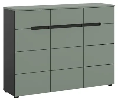 Image de Canu meuble à chaussures 3 portes, 3 tiroirs vert poussiéreux, gris foncé.