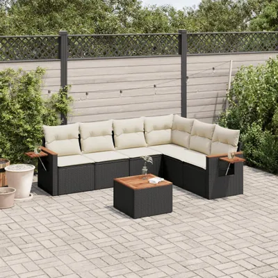 Produktbild von Design 7-tlg. Garten-Sofagarnitur mit Kissen Schwarz Poly Rattan, Gartenmöbel-Sets 2024 Neu
