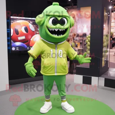 Produktbild von Limettengrüner REDBROKOLY Maskottchen Kostüm mit American-Football-Helm bekleidet mit einem Sweatshirt und Handschuhen