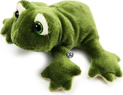 A green plush frog toy is shown against a white background.