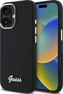 Obrázok produktu pre Silikónové puzdro Guess s kovovým logom a rámom pre iPhone 16 - čierne