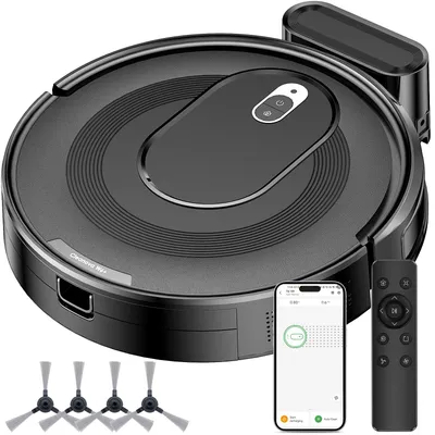 A robot vacuum cleaner and its accessories are displayed on a white background.