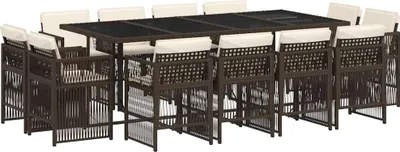 A patio dining set with chairs and a table.