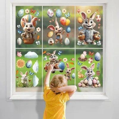Produktbild von Osterramendekoration selbstklebend 9-teilig mit Hase und Ei