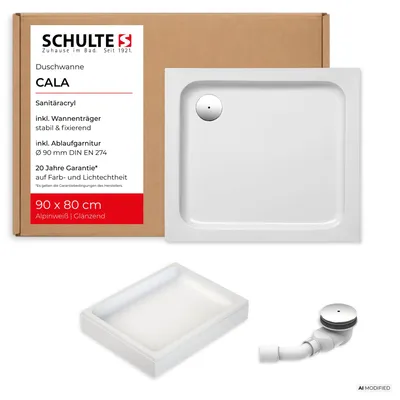 Immagine prodotto di Piatto doccia Schulte 100x80 cm, bianco, modello Cala - Set completo con supporto vasca e set di scarico