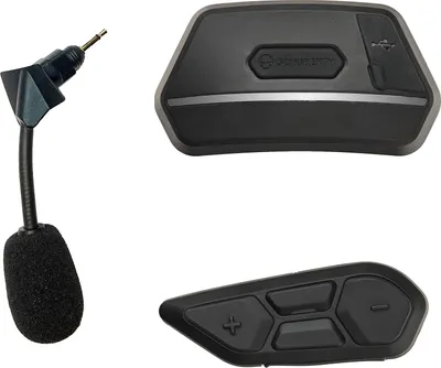 A product shot of a communication system for a helmet.