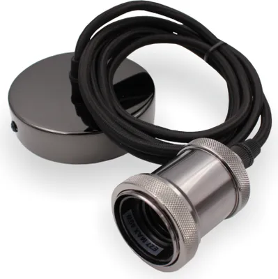 Produktbild von Pendelleuchte mit textilummanteltem Silikonkabel FLEX, Metall Baldachin und E27 Fassung & Schraubring | Schwarz verchromt | 2000mm