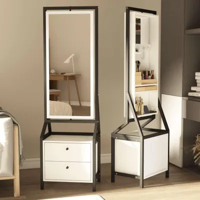 Produktbild von AIORBER 360° drehbarer Schmuckschrank mit Ganzkörperspiegel, MDF, 2 Schubladen, Schmuckorganizer, Standspiegel, Weiß