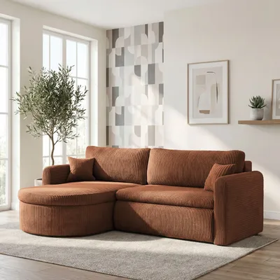 Produktbild von Ecksofa in L-Form mit Schlaffunktion & Stauraum – Universell Montiebar Rechts/Links 4-Sitzer Schlafsofa inkl. 2 Dekokissen und Rückenkissen 250 x 160 x 83 cm – Orange Kupfer Cord Chenille