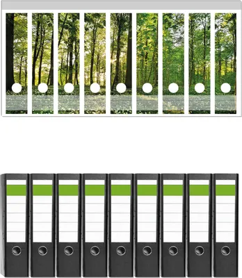 Produktbild von Wallario 9 Stück breite Ordner inkl. Klebeetiketten mit Motive Waldanemonen und Sonnenstrahlen im Wald -  Set mit Rückenschildern / Ordnerrücken Stickern