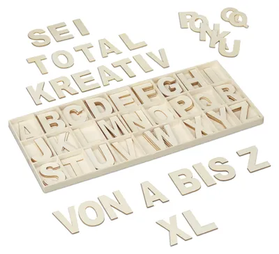 Produktbild von Relaxdays Holzbuchstaben Set, 104 tlg., Großbuchstaben A-Z, 5,5 cm hoch, XL Buchstaben zum Basteln, Deko Alphabet, natur