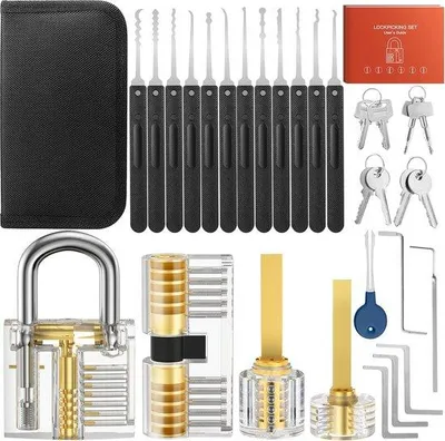 Produktbild von Famanu Lockpick Set - 32-teilig mit 4 transparenten Übungsschlössern und Anleitung, schwarz