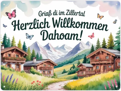 Produktbild von Griaß di im Zillertal Metallschild XXL in 28x38 cm Tiroler Chalets
