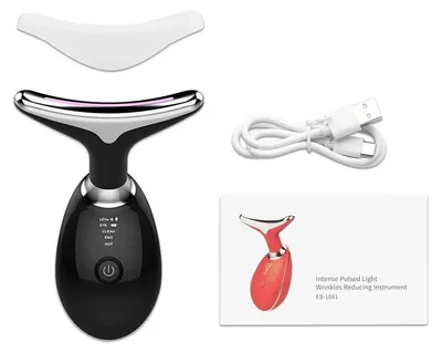 Immagine prodotto di Dispositivo di bellezza per lifting viso e collo, massaggiatore facciale EMS, terapia della luce LED, eliminatore del doppio mento, ringiovanimento cutaneo, rassodamento, antirughe. Colore: nero, senza confezione