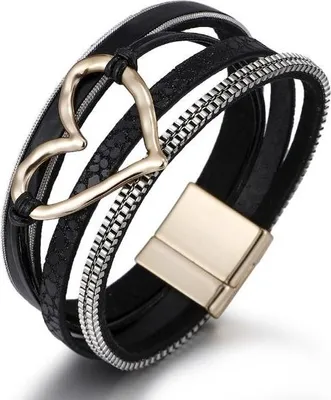 Produktbild von Mehrlagiges Lederarmband mit Boho-Herz, schwarz