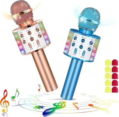 Produktbild von Handheld Bluetooth Karaoke-Microfoon mit LED-Licht und Lautsprecher - Set von 2 - tragbar für Gesang - Geschenkidee für Kinder und Erwachsene - inklusive 10 Mikrofonhüllen