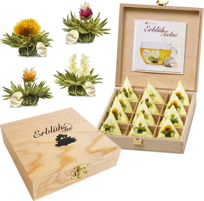 Produktbild von Creano Teelini Teeblumen im Tassenformat, Geschenkset in Teekiste aus Holz, 12 ErblühTeelini in 4 Sorten, Weißer Tee, Geschenk für Frauen, Mutter, Teeliebhaber