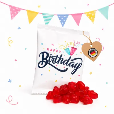 Produktbild von Fruchtgummi-Päckchen Happy Birthday – Mini-Herzen als Gastgeschenk10 Stück