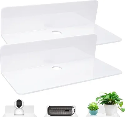Zdjęcie produktu dla Zestaw 2 półek wiszących Unyqoos® z akrylu – białe, 23 x 9,5 x 6 cm, montaż bez wiercenia (samoprzylepne), w zestawie 4 klipsy do kabli, półki ścienne do łazienki, kuchni, salonu, biura