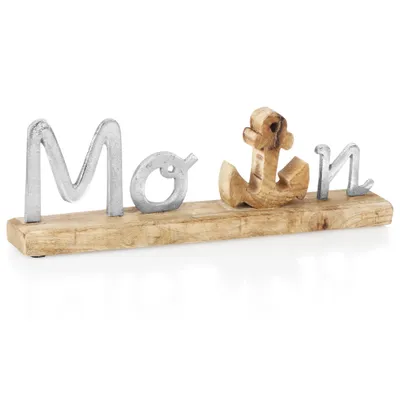 Produktbild von com-four® Deko Aufsteller Schriftzug "Moin" - Aufsteller aus Aluminium auf Mangoholz-Sockel - Deko-Schriftzug zum Hinstellen - Maritimes Design
