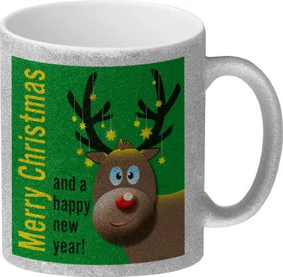 Produktbild von Rentier Motiv und Spruch Glitzer-Kaffeebecher in Grün zum Thema Weihnachten
