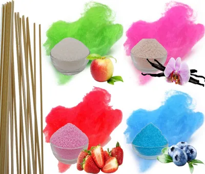 Produktbild von Aromazucker + 20 Zuckerwattestäbe für bunte Zuckerwatte 4x100g Set mit Geschmack | Apfel, Erdbeer, Heidelbeere, Vanille Farbzucker Zucker für Zuckerwatte Zuckerwattemaschine Zuckerwattezucker