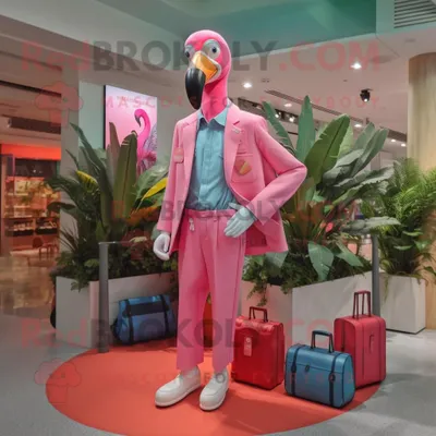 Produktbild von Rosafarbener REDBROKOLY Flamingo Maskottchen Kostüm charakter bekleidet mit Chinos und Handtaschen