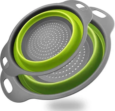 Produktbild von Unyqoos® 2er-Set faltbare Silikon-Siebe – klappbare Abtropfsiebe aus Silikon/TPR/PP (BPA-frei) mit Antirutschboden & 2 Griffen für Küche & Camping