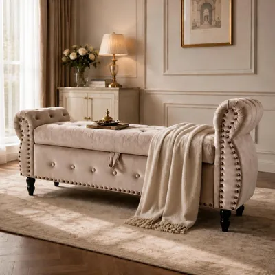 Obrázok produktu pre Sedacia lavica s úložným priestorom, 151 cm, zamatová, hnedá, rozmer 151 x 49,5 x 77 cm