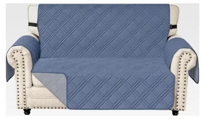 Produktbild von Wendbarer Sofaüberzug für 2-Sitzer, waschbar, universeller Bezug mit Armlehne, rutschfest, geeignet für Haustiere, grau-blau + hellgrau