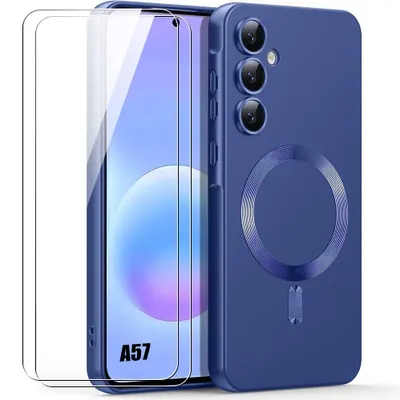 Image de Coque + 2 Verres Trempés pour Samsung Galaxy A57 5G, Silicone avec Anneau Magnétique Bleu Marine