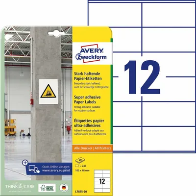 Obrázek produktu pro Avery L7875-20, Bílá, Obdélník, Permanentní, DIN A4, Papír, Laserová/inkoustová tiskárna