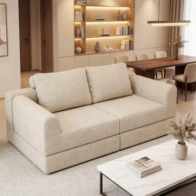 Obrázek produktu pro MODFU rozkládací skládací dvoumístná pohovka s područkami, modulární sofa, relaxační pohovka, rozkládací pohovka s opěradlem, ideální do malých bytů, krémová