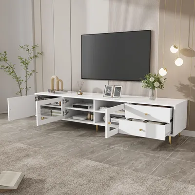 Produktbild von okwish Weiß TV-Schrank mit Glastüren und 2 Schubladen, Lowboard mit verstellbaren Einlegeböden,Metallgriffen,Fernsehbank Für Wohnzimmer