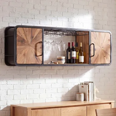Produktbild von Weinregal MCW-Q82, Glas-/Flaschenhalter Wandregal Weinhalter, Metall Holz 39x120x23cm braun, schwarz