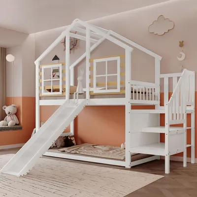 Produktbild von STILVORA Etagenbett 90x200cm mit matratze und Treppe,Kinderbett mit Rutsche,Bettgestell mit Lattenrost und Gitter,Jugendbett
