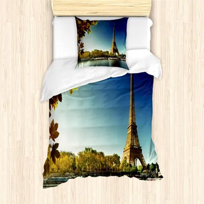 Produktbild von ABAKUHAUS Eiffelturm Bettbezug Set, Seine In Paris Mit Eiffelturm Herbst Blätter Riverside Scenery Druck, 135 x 200 cm + 80 x 80 cm, Erde Gelb Grün Blau