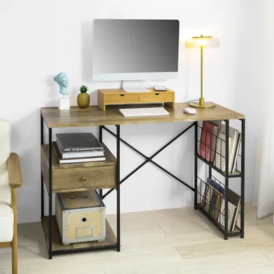 A computer desk with a monitor, keyboard, lamp, and storage shelves.