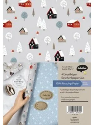 Produktbild von Geschenkpapier Set Weihnachten: Skandinavische Winterlandschaft: 4x doppelseitige Einzelbögen + 4x Geschenkaufkleber