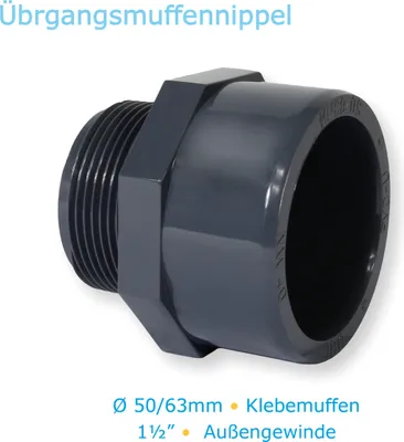 Produktbild von PVC-U Fitting Übergangsnippel 63/50mm Muffe/Stutzen x 1 1/2" AG Verrohrung Pool