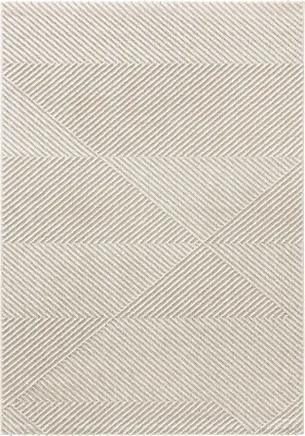 A close-up view of a cream-colored rug with a geometric pattern of diagonal lines.